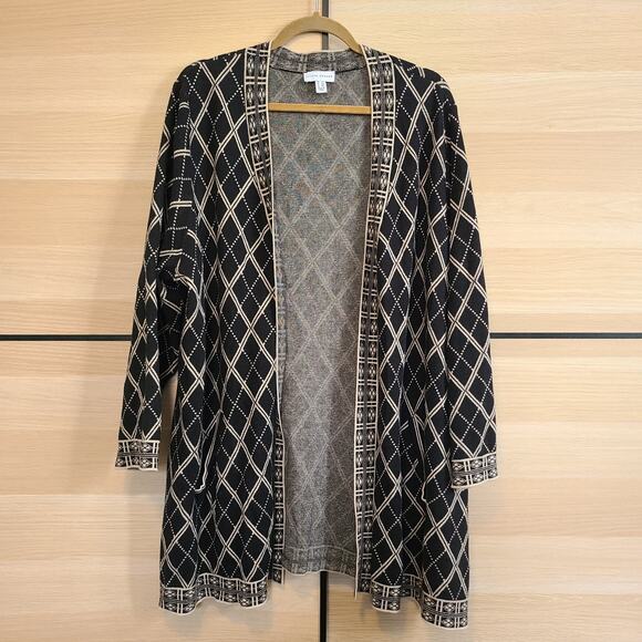 Susan Graver Cardigan Womens 2X Black White Diamond Geometric Knit Monochrome - Picture 3 of 11